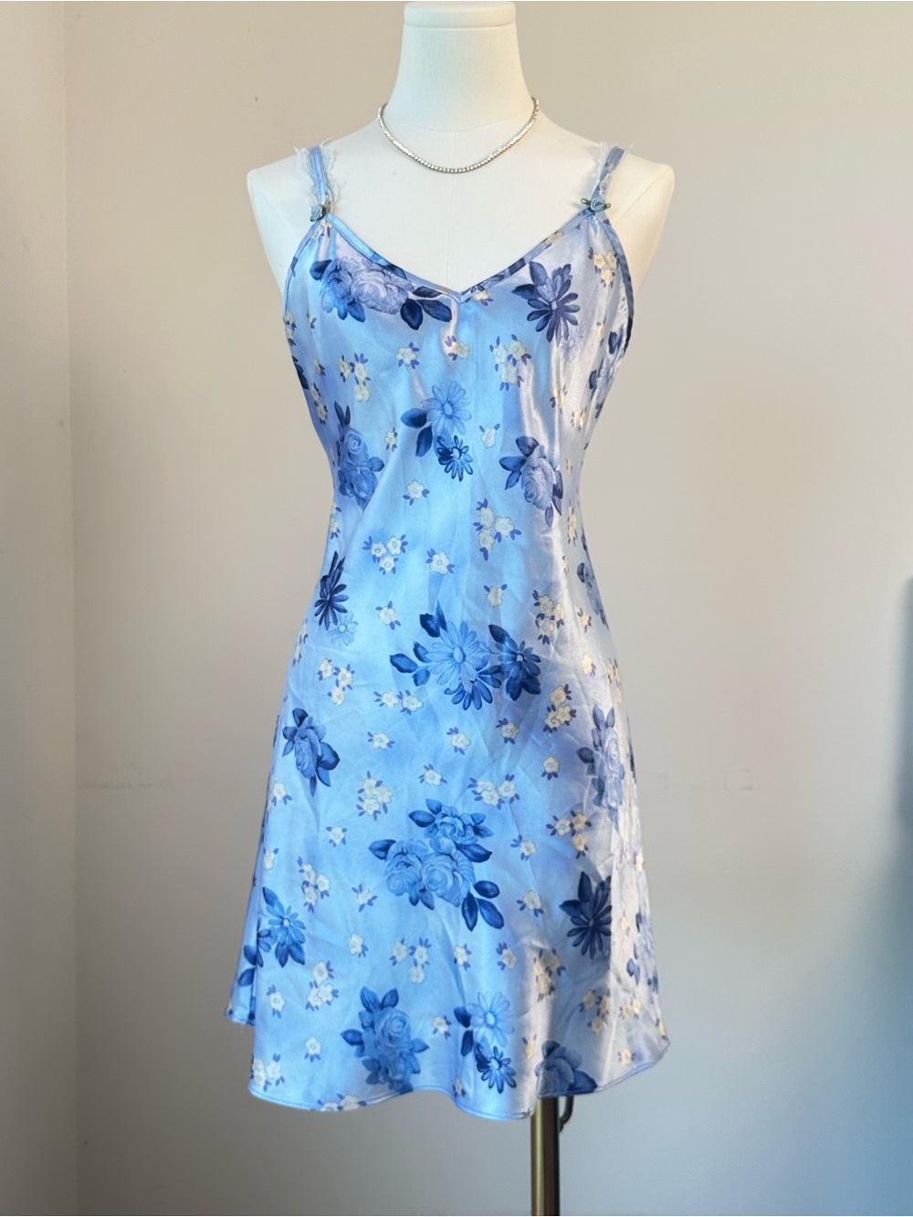 Vintage Inner Most Light Blue Floral Satin Slip with Adjustable Straps
